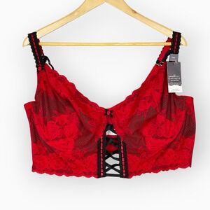 Cacique Seriously Sexy Red Unlined Balconette Corset Bra Size 50D Lace Coquette